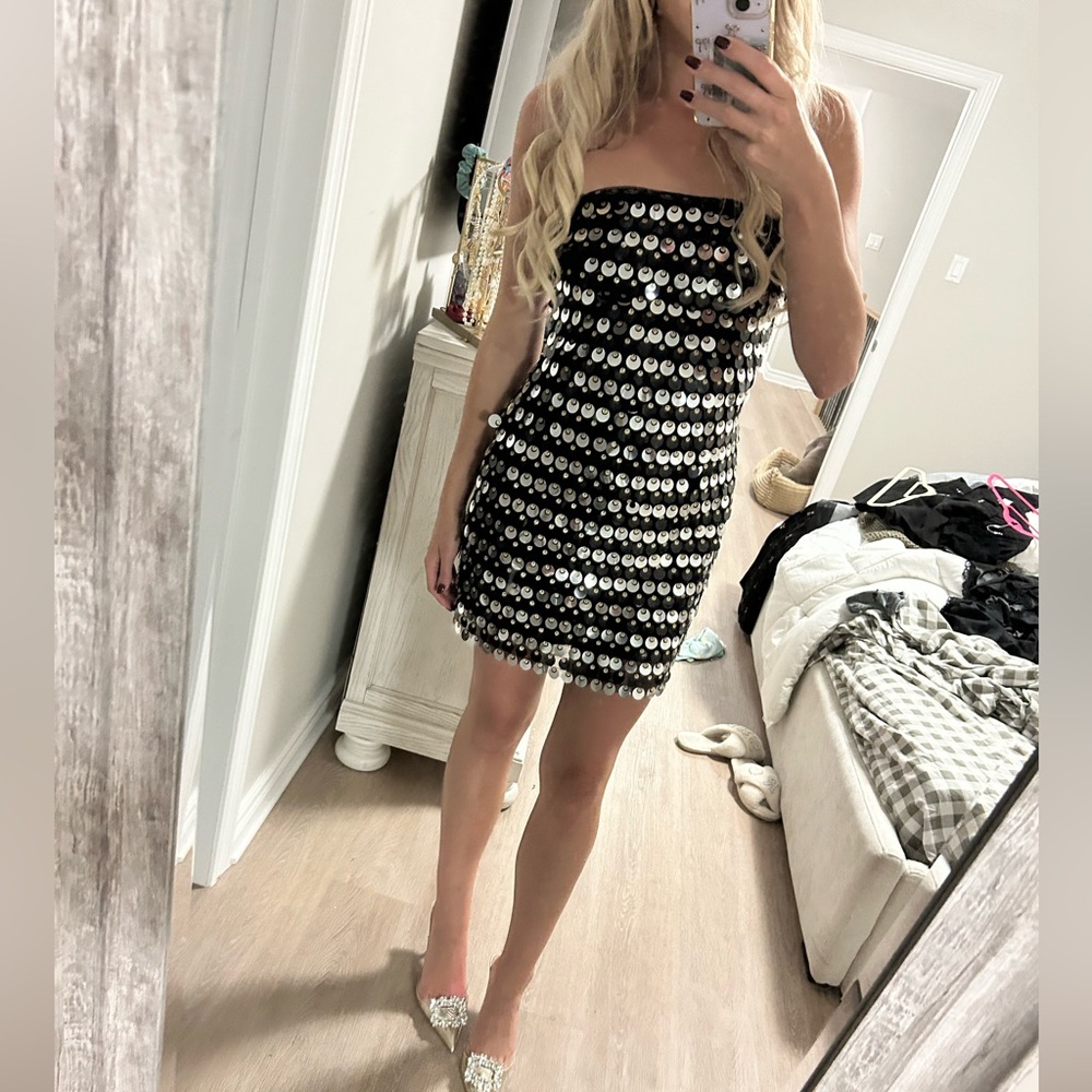 Black and Silver Sequin Strapless Dress